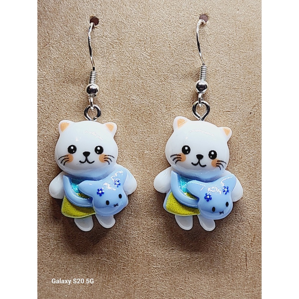 Handmade White Cat Blue Bunny Resin Drop Earrings Silver Tone Fishhook Whimsical
